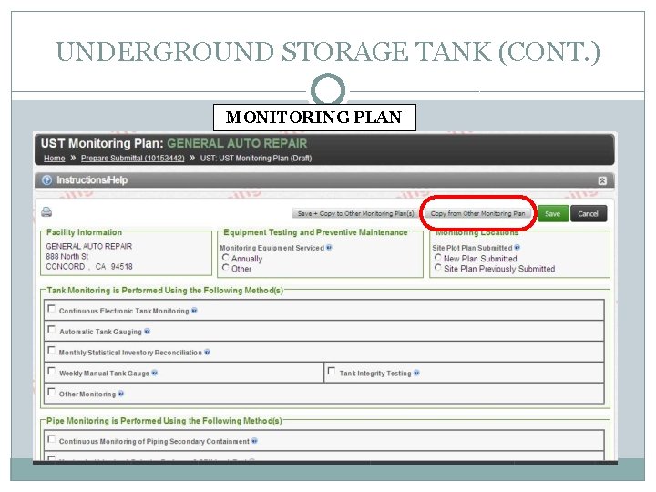 UNDERGROUND STORAGE TANK (CONT. ) MONITORING PLAN 