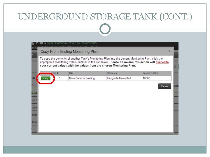 UNDERGROUND STORAGE TANK (CONT. ) 