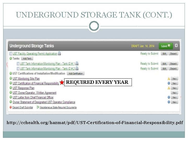 UNDERGROUND STORAGE TANK (CONT. ) REQUIRED EVERY YEAR http: //cchealth. org/hazmat/pdf/UST-Certification-of-Financial-Responsibility. pdf 