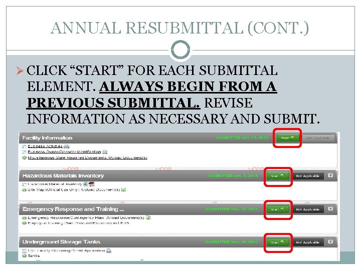 ANNUAL RESUBMITTAL (CONT. ) Ø CLICK “START” FOR EACH SUBMITTAL ELEMENT. ALWAYS BEGIN FROM