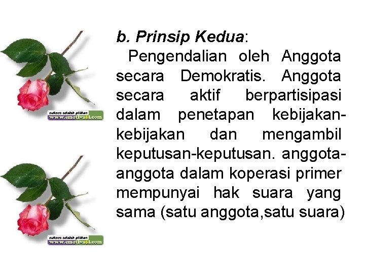 b. Prinsip Kedua: Pengendalian oleh Anggota secara Demokratis. Anggota secara aktif berpartisipasi dalam penetapan