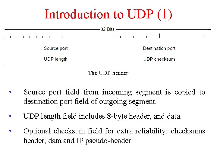 Introduction to UDP (1) The UDP header. • Source port field from incoming segment