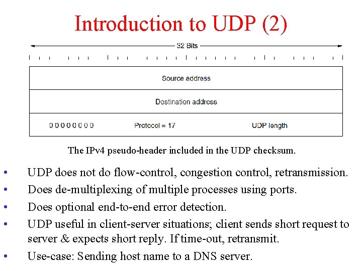 Introduction to UDP (2) The IPv 4 pseudo-header included in the UDP checksum. •