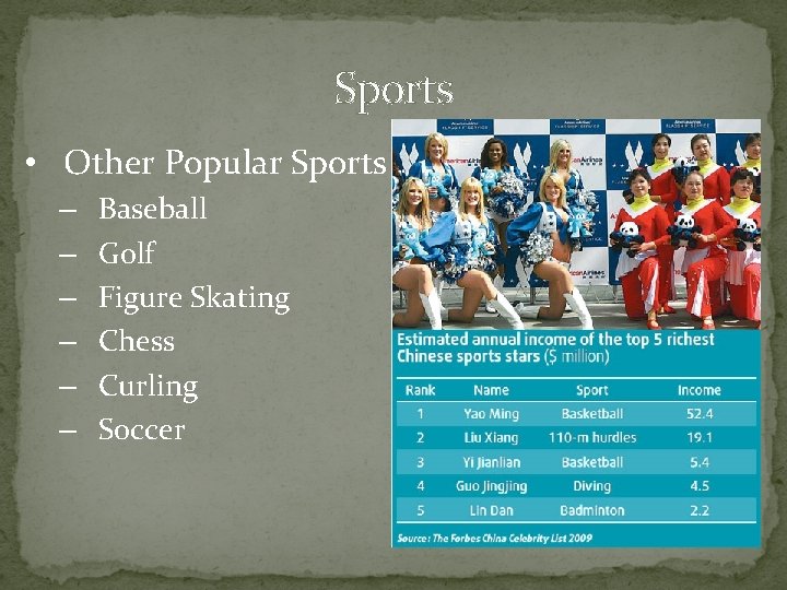 Sports • Other Popular Sports – – – Baseball Golf Figure Skating Chess Curling