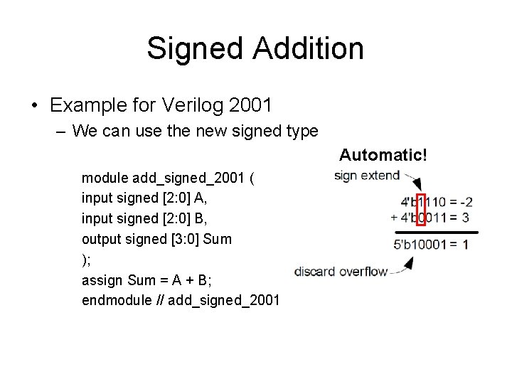Signed Addition • Example for Verilog 2001 – We can use the new signed
