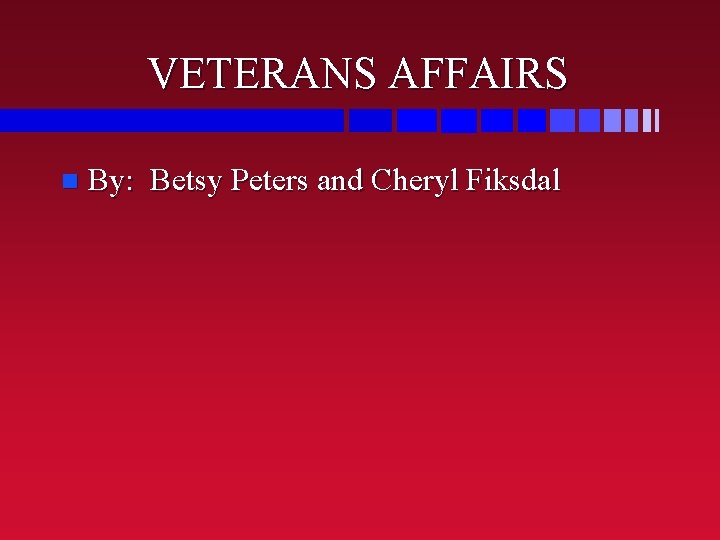 VETERANS AFFAIRS By: Betsy Peters and Cheryl Fiksdal 