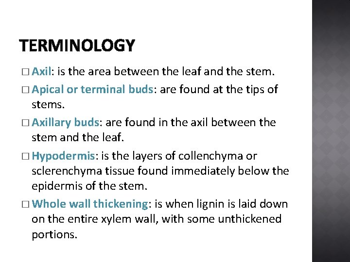 TERMINOLOGY � Axil: is the area between the leaf and the stem. � Apical