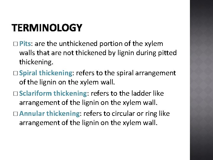 TERMINOLOGY � Pits: are the unthickened portion of the xylem walls that are not