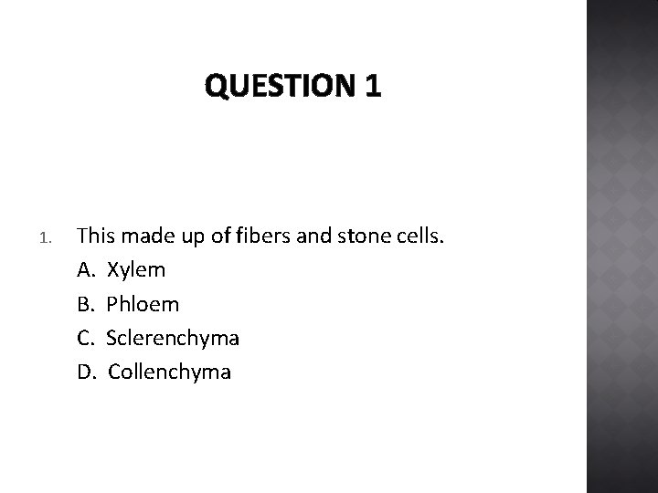 QUESTION 1 1. This made up of fibers and stone cells. A. Xylem B.