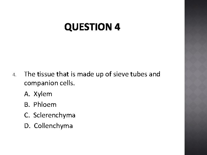 QUESTION 4 4. The tissue that is made up of sieve tubes and companion