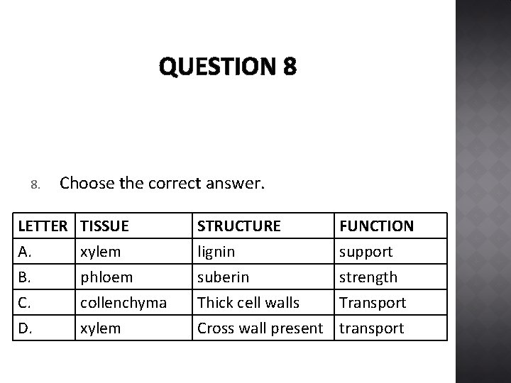 QUESTION 8 8. Choose the correct answer. LETTER A. B. C. TISSUE xylem phloem