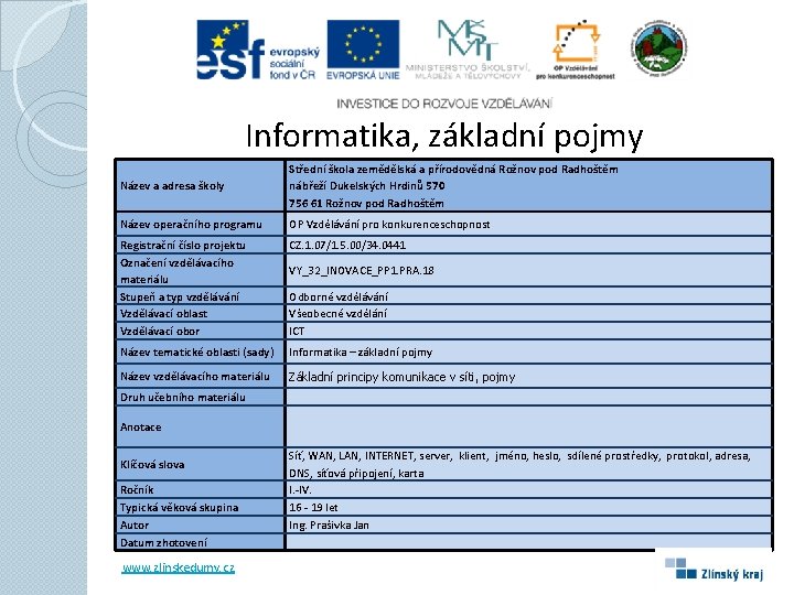 Informatika, základní pojmy Název a adresa školy Střední škola zemědělská a přírodovědná Rožnov pod