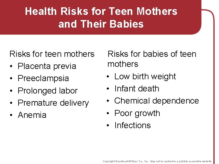 Health Risks for Teen Mothers and Their Babies Risks for teen mothers • Placenta