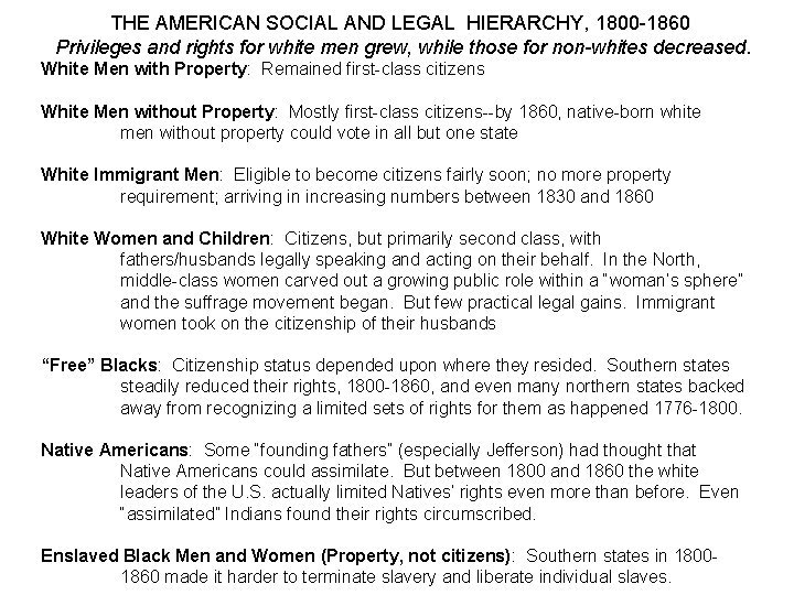THE AMERICAN SOCIAL AND LEGAL HIERARCHY, 1800 -1860 Privileges and rights for white men