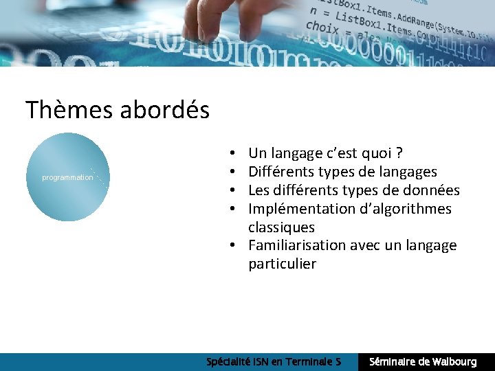 Thèmes abordés programmation Un langage c’est quoi ? Différents types de langages Les différents