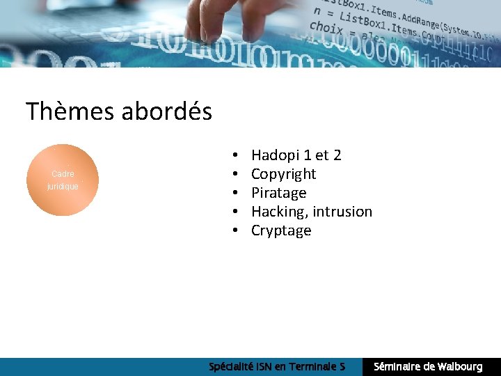 Thèmes abordés Cadre juridique • • • Hadopi 1 et 2 Copyright Piratage Hacking,