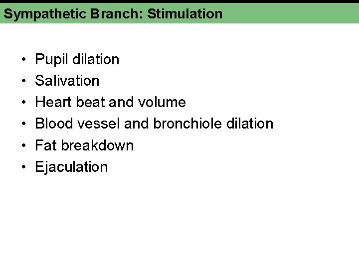 Sympathetic Branch: Stimulation • • • Pupil dilation Salivation Heart beat and volume Blood Sympathetic Branch: Stimulation • • • Pupil dilation Salivation Heart beat and volume Blood