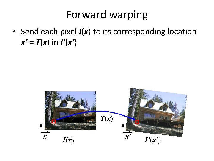 Forward warping • Send each pixel I(x) to its corresponding location x’ = T(x)