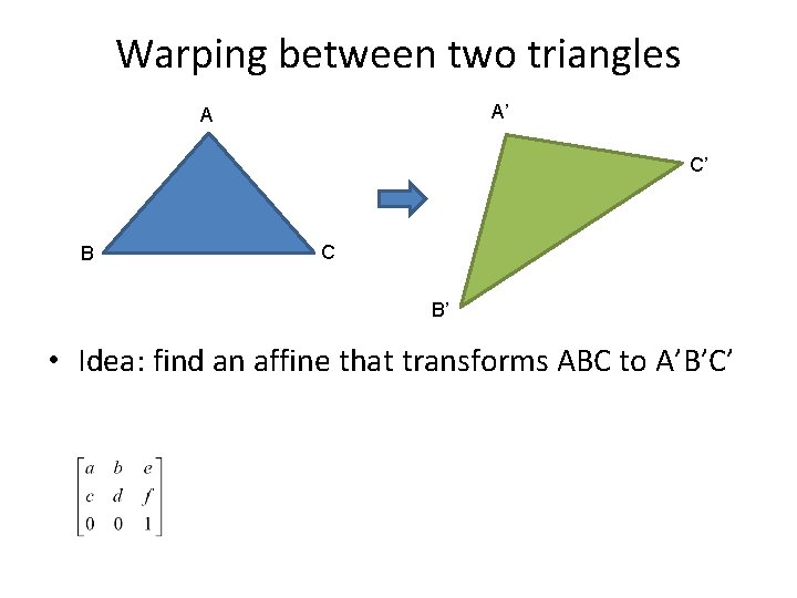 Warping between two triangles A’ A C’ B C B’ • Idea: find an