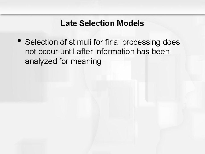 Late Selection Models • Selection of stimuli for final processing does not occur until