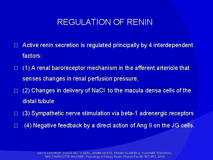 REGULATION OF RENIN � Active renin secretion is regulated principally by 4 interdependent factors: