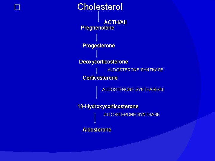 � Cholesterol ACTH/AII Pregnenolone Progesterone Deoxycorticosterone ALDOSTERONE SYNTHASE Corticosterone ALDOSTERONE SYNTHASE/AII 18 -Hydroxycorticosterone ALDOSTERONE