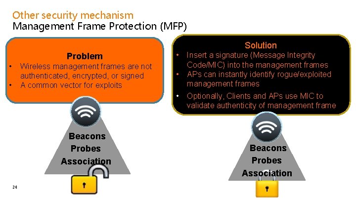 Other security mechanism Management Frame Protection (MFP) Solution • • Problem • Wireless management