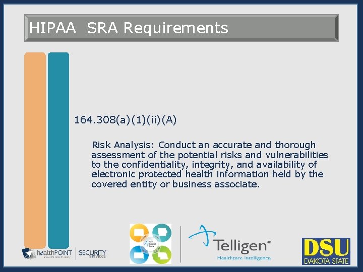 HIPAA SRA Requirements 164. 308(a)(1)(ii)(A) Risk Analysis: Conduct an accurate and thorough assessment of