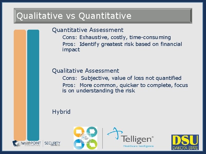 Qualitative vs Quantitative Assessment Cons: Exhaustive, costly, time-consuming Pros: Identify greatest risk based on