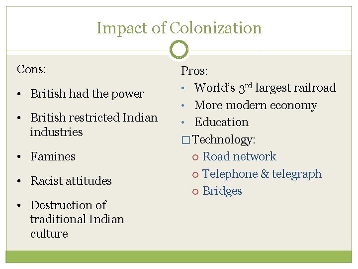 Impact of Colonization Cons: • British had the power • British restricted Indian industries