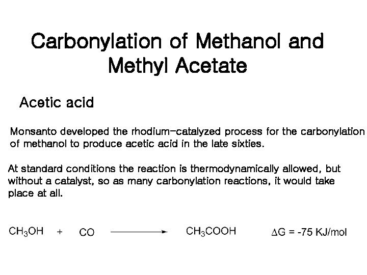 Carbonylation of Methanol and Methyl Acetate Acetic acid Monsanto developed the rhodium-catalyzed process for