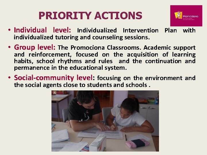 PRIORITY ACTIONS • Individual level: Individualized Intervention Plan with individualized tutoring and counseling sessions.