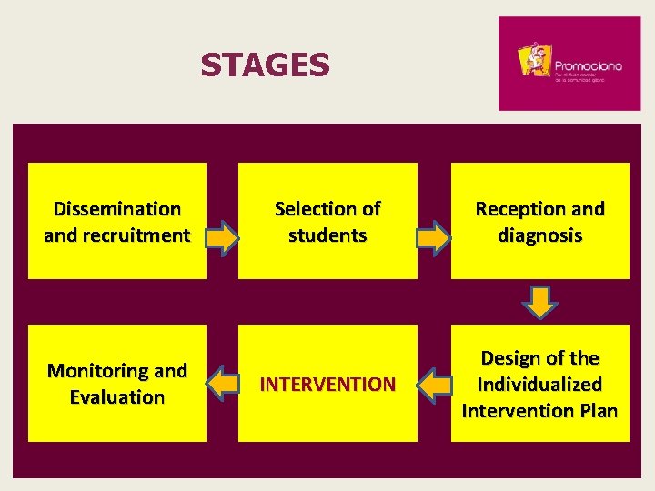 STAGES Dissemination and recruitment Monitoring and Evaluation Selection of students Reception and diagnosis INTERVENTION