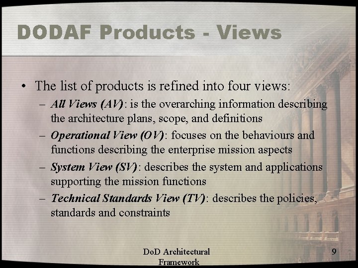 DODAF Products - Views • The list of products is refined into four views: