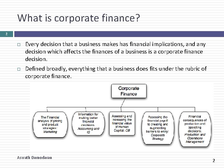 What is corporate finance? 2 Every decision that a business makes has financial implications,