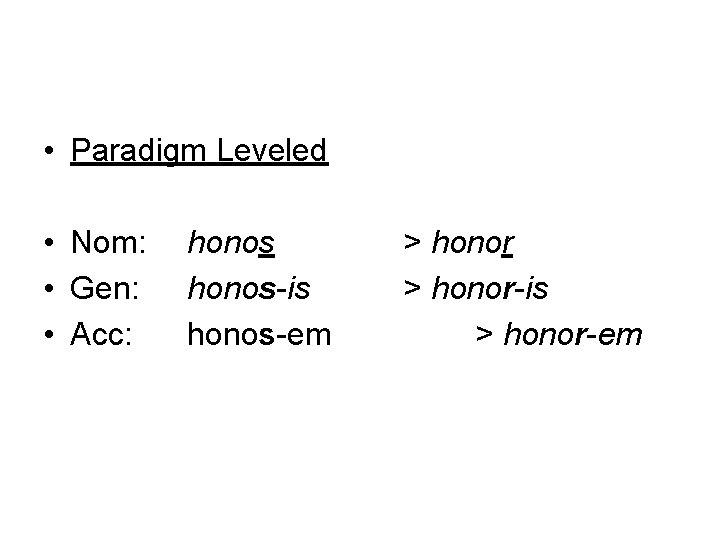  • Paradigm Leveled • Nom: • Gen: • Acc: honos-is honos-em > honor-is
