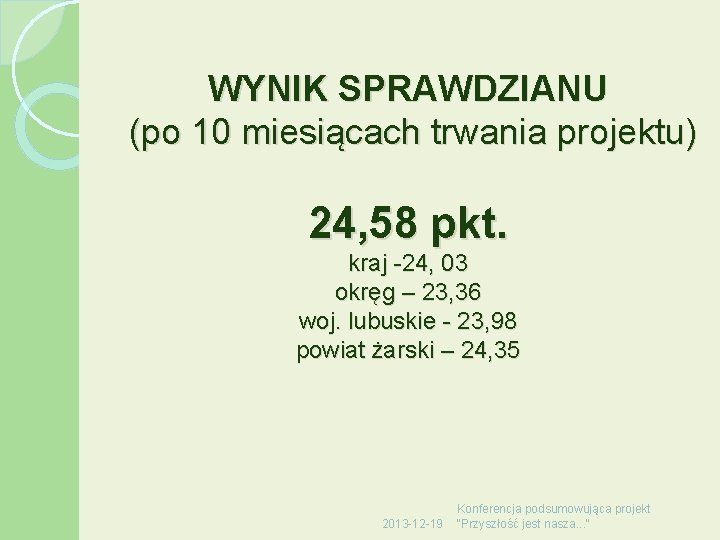 WYNIK SPRAWDZIANU (po 10 miesiącach trwania projektu) 24, 58 pkt. kraj -24, 03 okręg