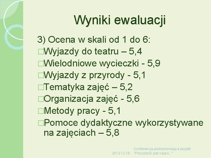 Wyniki ewaluacji 3) Ocena w skali od 1 do 6: �Wyjazdy do teatru –