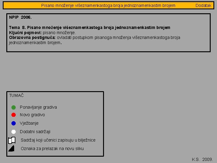 Pisano množenje višeznamenkastoga Jednakostranični trokut broja- jednoznamenkastim obradba brojem 3/8 Dodatak NPIP 2006. Tema