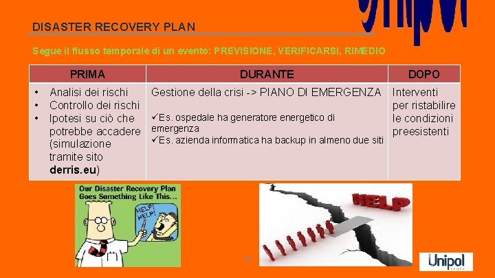 DISASTER RECOVERY PLAN Segue il flusso temporale di un evento: PREVISIONE, VERIFICARSI, RIMEDIO PRIMA