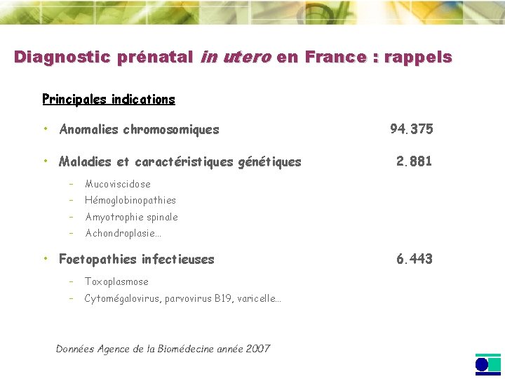 Diagnostic prénatal in utero en France : rappels Principales indications • Anomalies chromosomiques •