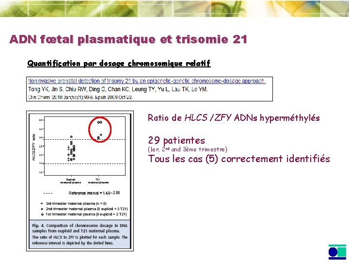 ADN fœtal plasmatique et trisomie 21 Quantification par dosage chromosomique relatif Ratio de HLCS