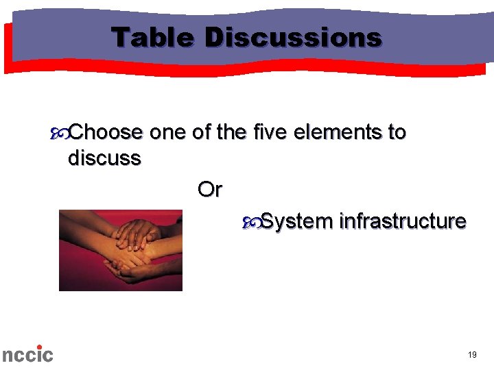 Table Discussions Choose one of the five elements to discuss Or System infrastructure 19 Table Discussions Choose one of the five elements to discuss Or System infrastructure 19