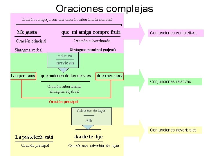 Oraciones complejas Oración compleja con una oración subordinada nominal Conjunciones completivas Sintagma nominal (sujeto)