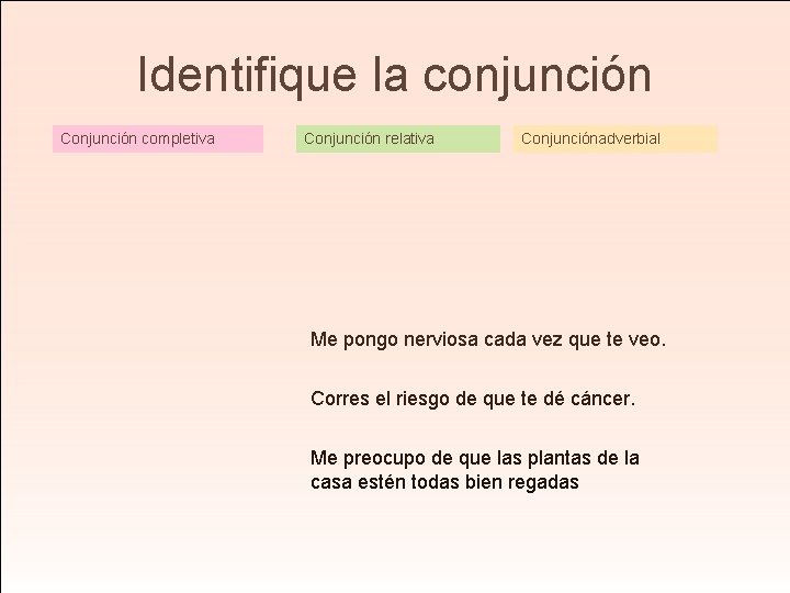 Identifique la conjunción Conjunción completiva Conjunción relativa Conjunciónadverbial Me pongo nerviosa cada vez que