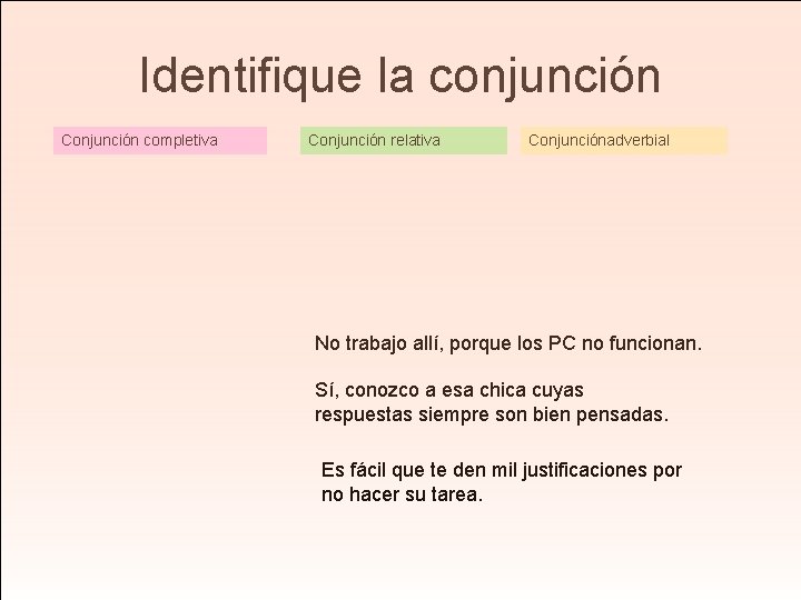 Identifique la conjunción Conjunción completiva Conjunción relativa Conjunciónadverbial No trabajo allí, porque los PC