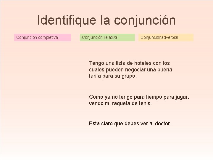 Identifique la conjunción Conjunción completiva Conjunción relativa Conjunciónadverbial Tengo una lista de hoteles con