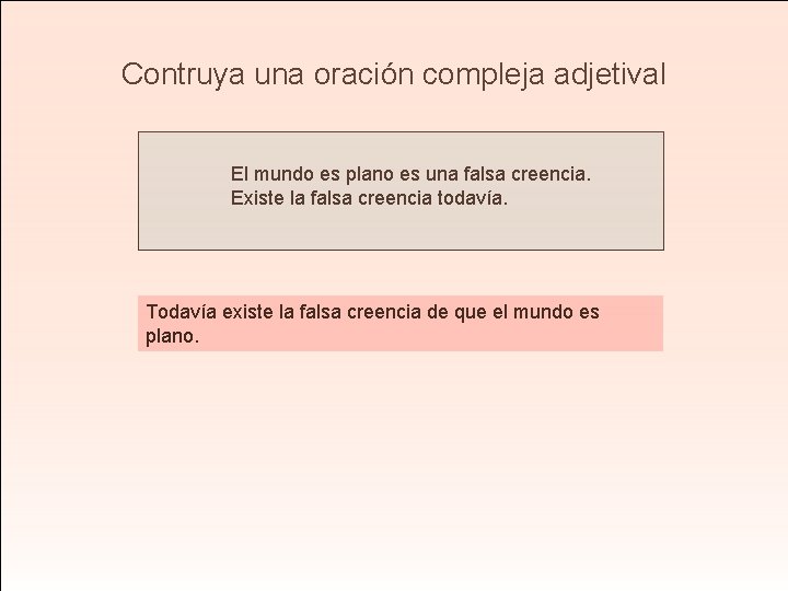 Contruya una oración compleja adjetival El mundo es plano es una falsa creencia. Existe