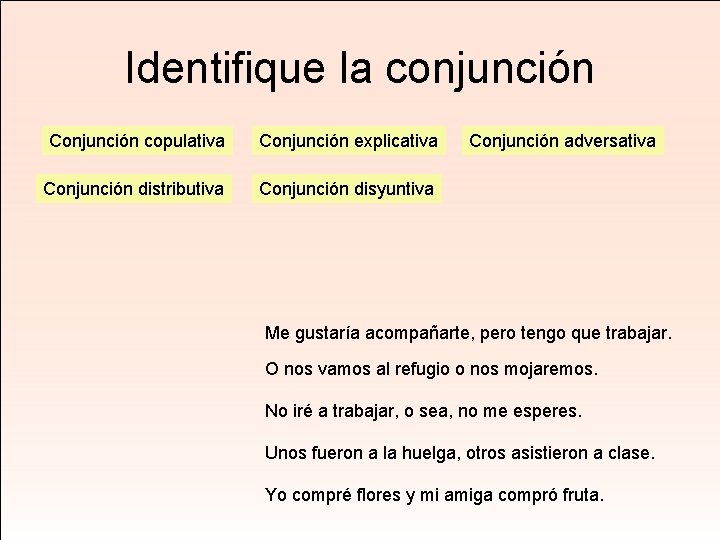 Identifique la conjunción Conjunción copulativa Conjunción explicativa Conjunción distributiva Conjunción disyuntiva Conjunción adversativa Me