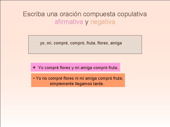 Escriba una oración compuesta copulativa afirmativa y negativa yo, mi, compré, compró, fruta, flores,